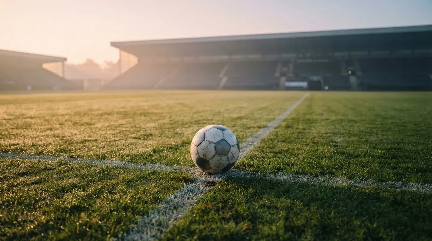 Ein einzelner Fussball liegt auf dem Anstosspunkt eines leeren Rasenplatzes am frühen Morgen, Tau glitzert auf dem Gras, die Tribüne liegt im Dunst.