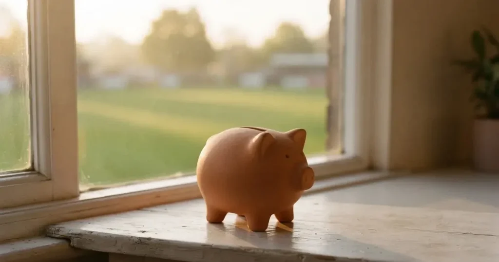Ein kleines Sparschwein aus Keramik steht auf einem Fensterbrett, im Hintergrund ein verschwommener Rasenplatz im Morgenlicht.