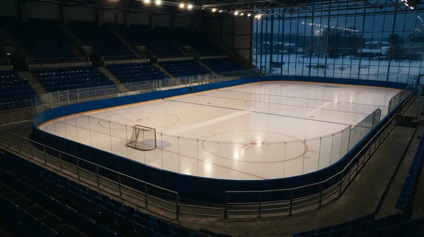 Eine Eishalle von Weitem unter Flutlicht, die leere Eisfläche glänzt, auf den Rängen sitzt niemand, draussen liegt Schnee.