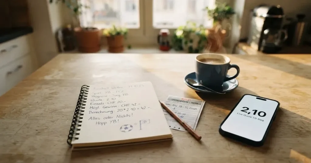Ein Taschenrechner und ein Bleistift liegen auf einem hellen Küchentisch neben einer Tasse Kaffee, Sonnenlicht fällt schräg über die Tischplatte.