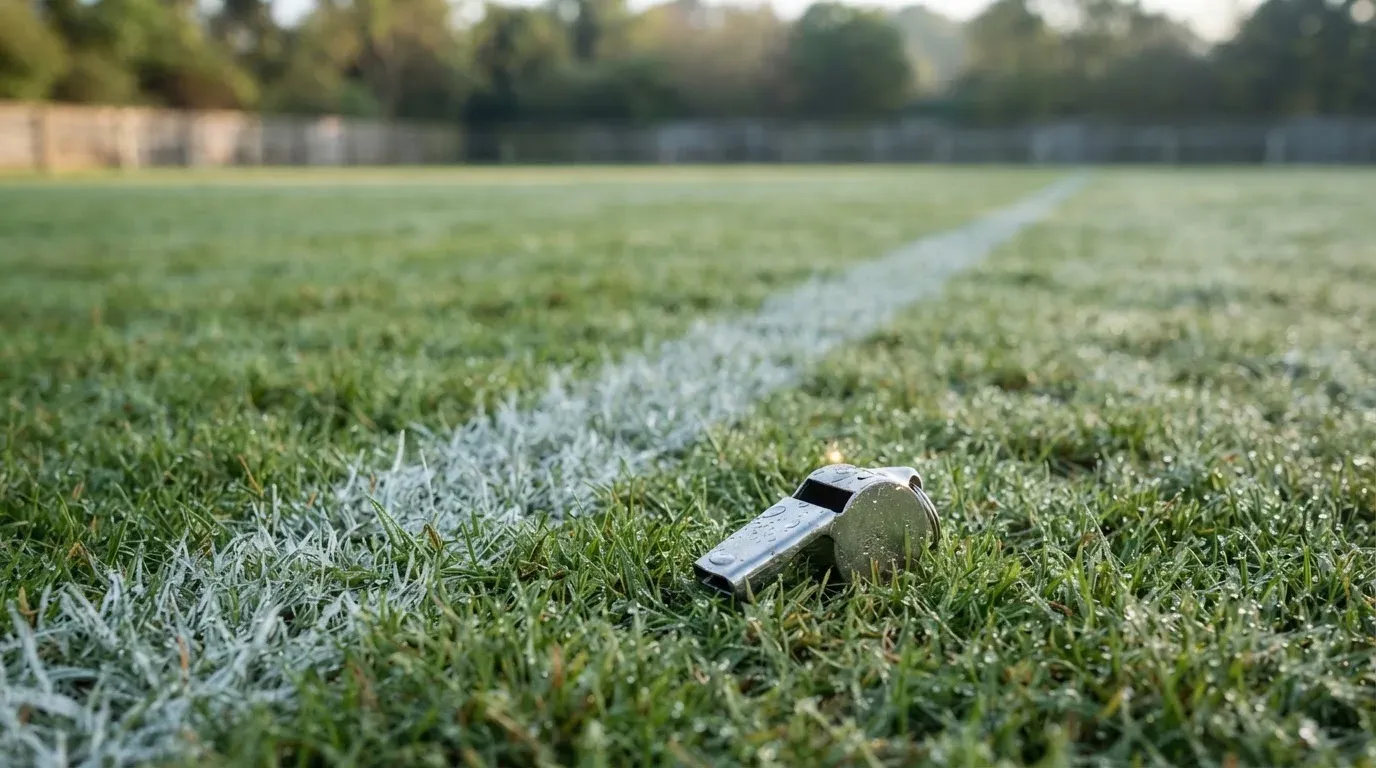 Eine Trillerpfeife liegt auf dem Rasen neben der Mittellinie, Tau hängt an den Halmen, im Hintergrund ein leerer Spielfeldrand.