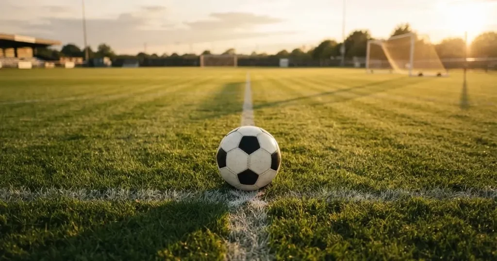 Ein Fussball liegt auf dem Mittelkreis eines Rasenfelds, die weissen Linien kreuzen sich auf dem gepflegten Gras im warmen Abendlicht.
