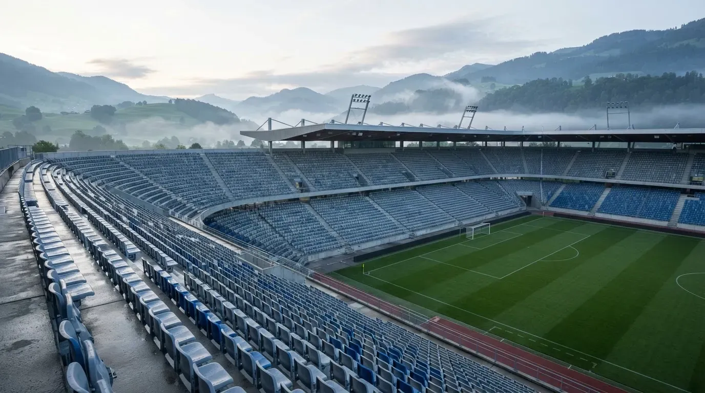 Ein leeres Stadion im Morgenlicht mit Blick auf die Sitzreihen, im Hintergrund Hügel und aufsteigender Nebel.