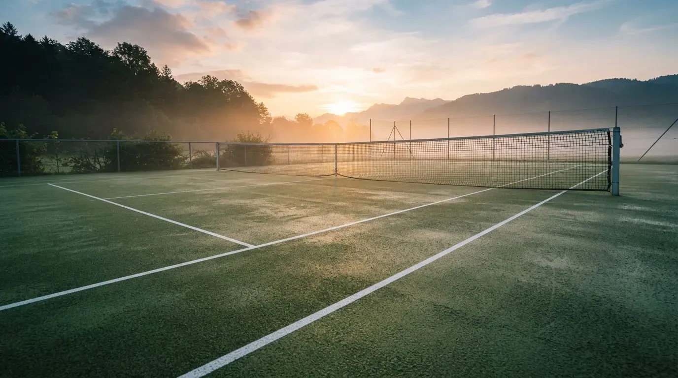 Ein Tennisplatz bei Sonnenaufgang, die Linien frisch gezogen, das Netz in der Mitte und Nebel über dem Boden.