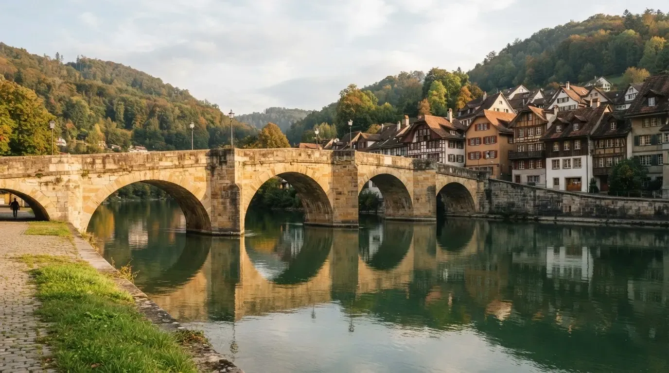 Eine alte Steinbrücke über einen ruhigen Fluss, dahinter Häuser mit Ziegeldächern und bewaldete Hügel.