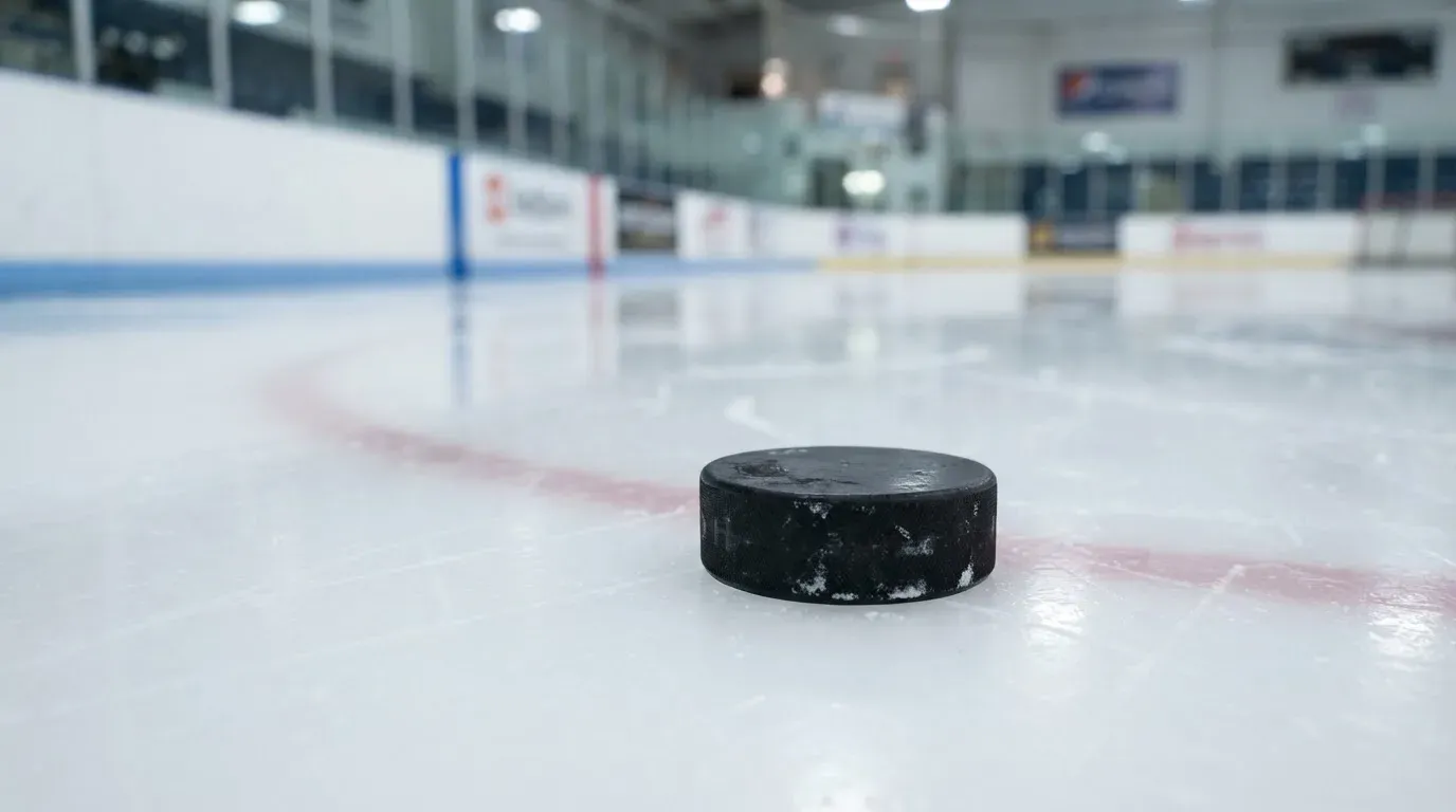 Ein Eishockeypuck liegt auf dem Eis, im Hintergrund unscharf die Bande unter hellem Hallenlicht.