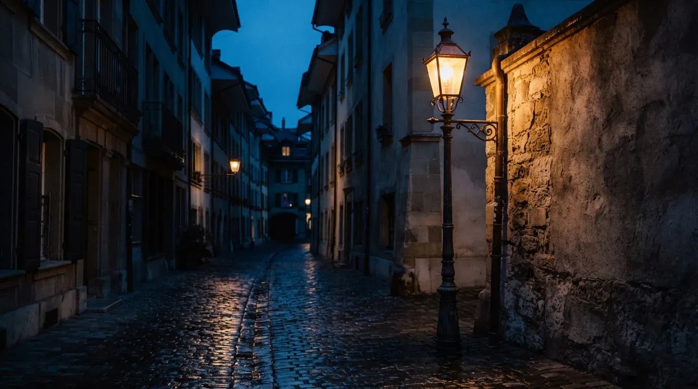Eine Strassenlaterne in einer leeren Gasse am Abend, das nasse Kopfsteinpflaster spiegelt das warme Licht.