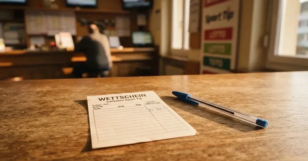 Ein leerer Wettschein aus Papier liegt neben einem Kugelschreiber auf einem Holztisch, weiches Licht fällt von der Seite.