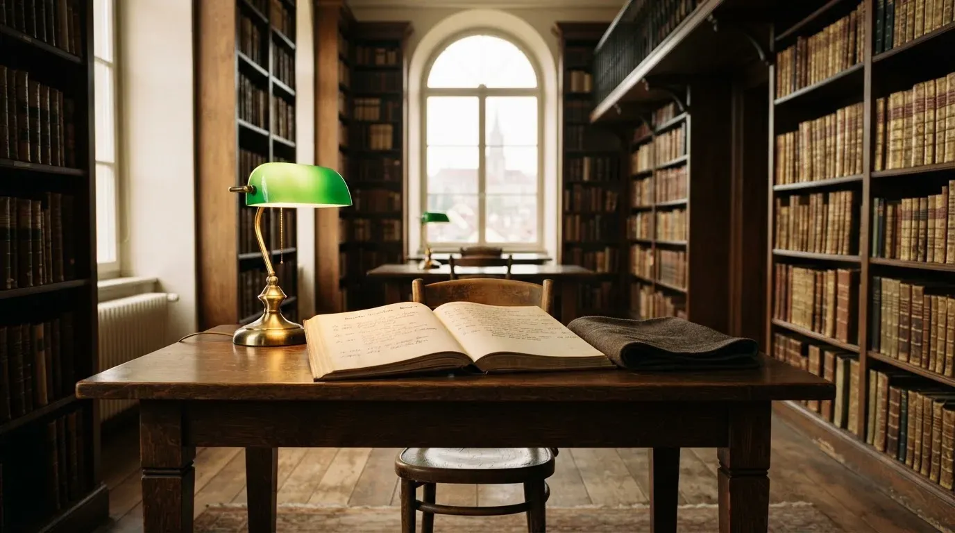 Eine Bibliothek mit hohen Holzregalen voller Bücher, im Vordergrund ein Lesetisch mit grüner Lampe.