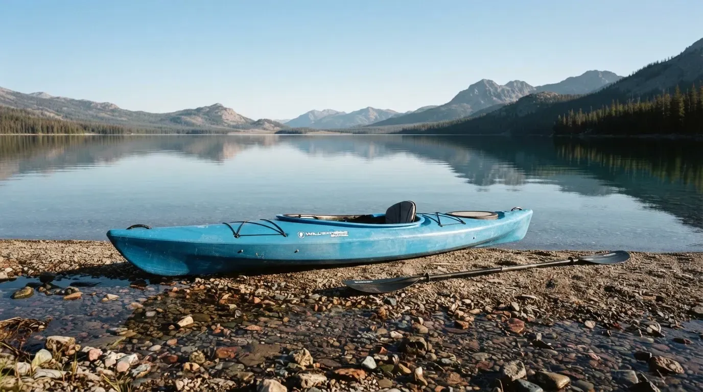 Ein Kajak liegt am Ufer eines Bergsees, daneben ein Paddel, das Wasser ist glatt und der Himmel klar.