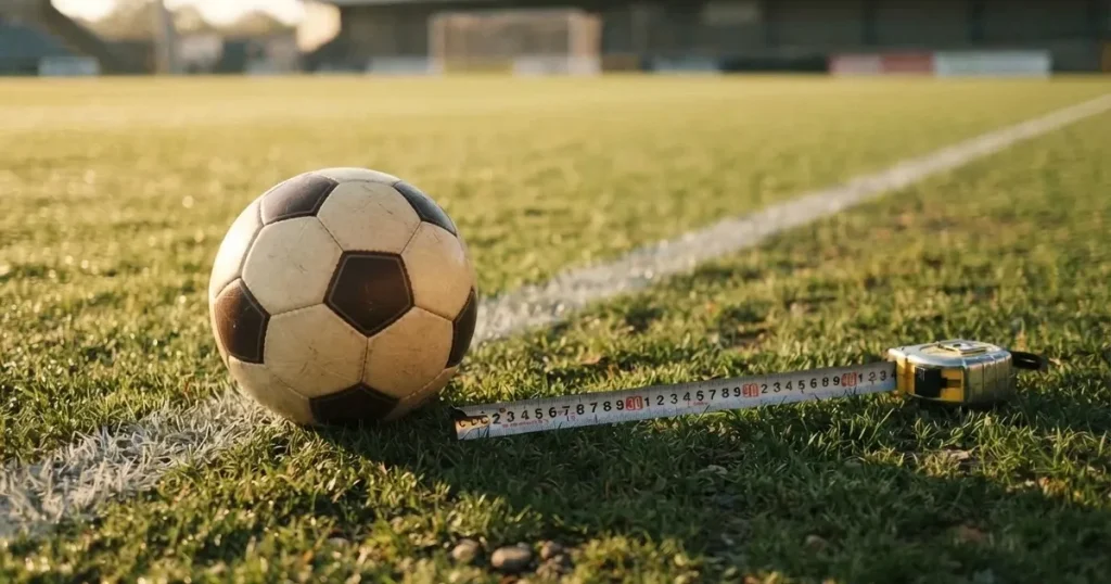 Ein Fussball und ein Massband liegen auf kurz geschnittenem Rasen neben einer Kreidelinie, Morgenlicht von der Seite.