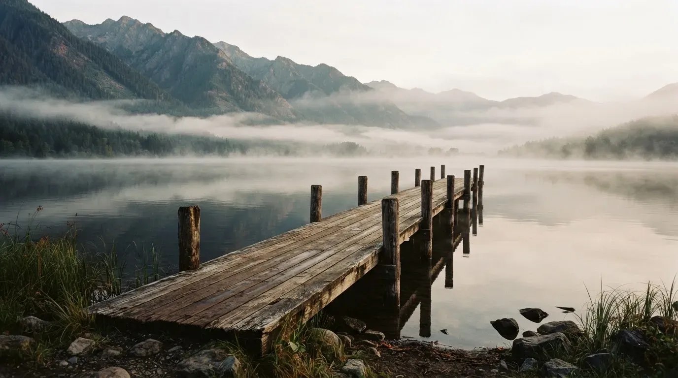 Ein Seeufer mit einem hölzernen Steg, Nebel liegt über dem Wasser, am anderen Ufer erheben sich Berge.