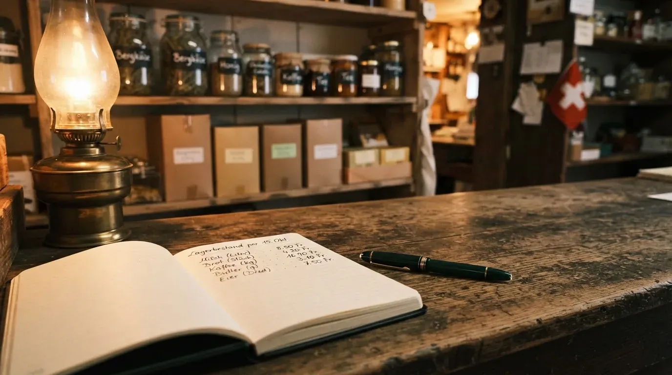 Ein alter Holztresen mit einem Notizbuch und einem Taschenrechner in warmem Lampenlicht, Regale im Hintergrund.