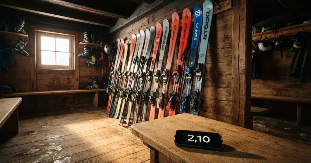 Mehrere Skier und Stöcke lehnen ordentlich in einer Reihe an der Holzwand einer Berghütte, vor dem Fenster liegt Schnee.