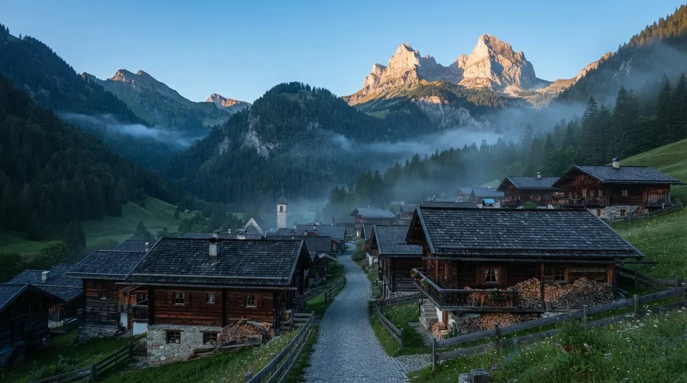 Ein Bergdorf mit Holzhäusern im Tal an einem klaren Morgen, über den Dächern liegen Nebelschwaden und darüber erheben sich Berggipfel.