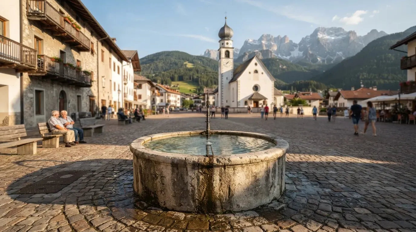 Ein Brunnen auf einem Dorfplatz mit Kopfsteinpflaster, im Hintergrund eine Kirche mit Zwiebelturm und Berge.