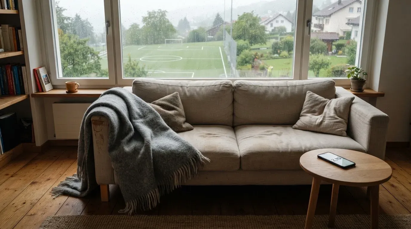 Ein Sofa mit Wolldecke steht vor einem grossen Fenster, draussen Regen und in der Ferne ein Fussballplatz.