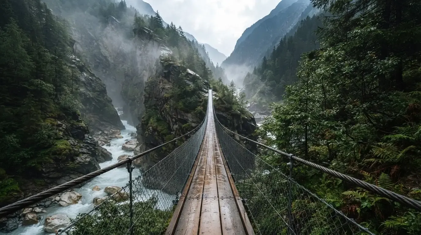 Eine Hängebrücke spannt sich über eine tiefe Schlucht, unten rauscht ein Fluss zwischen bewaldeten Felswänden.