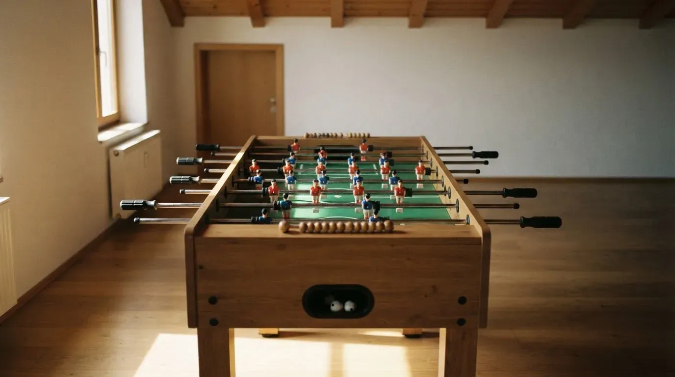 Ein Tischfussballtisch steht in einem leeren Aufenthaltsraum, Nachmittagslicht fällt durch ein Fenster.
