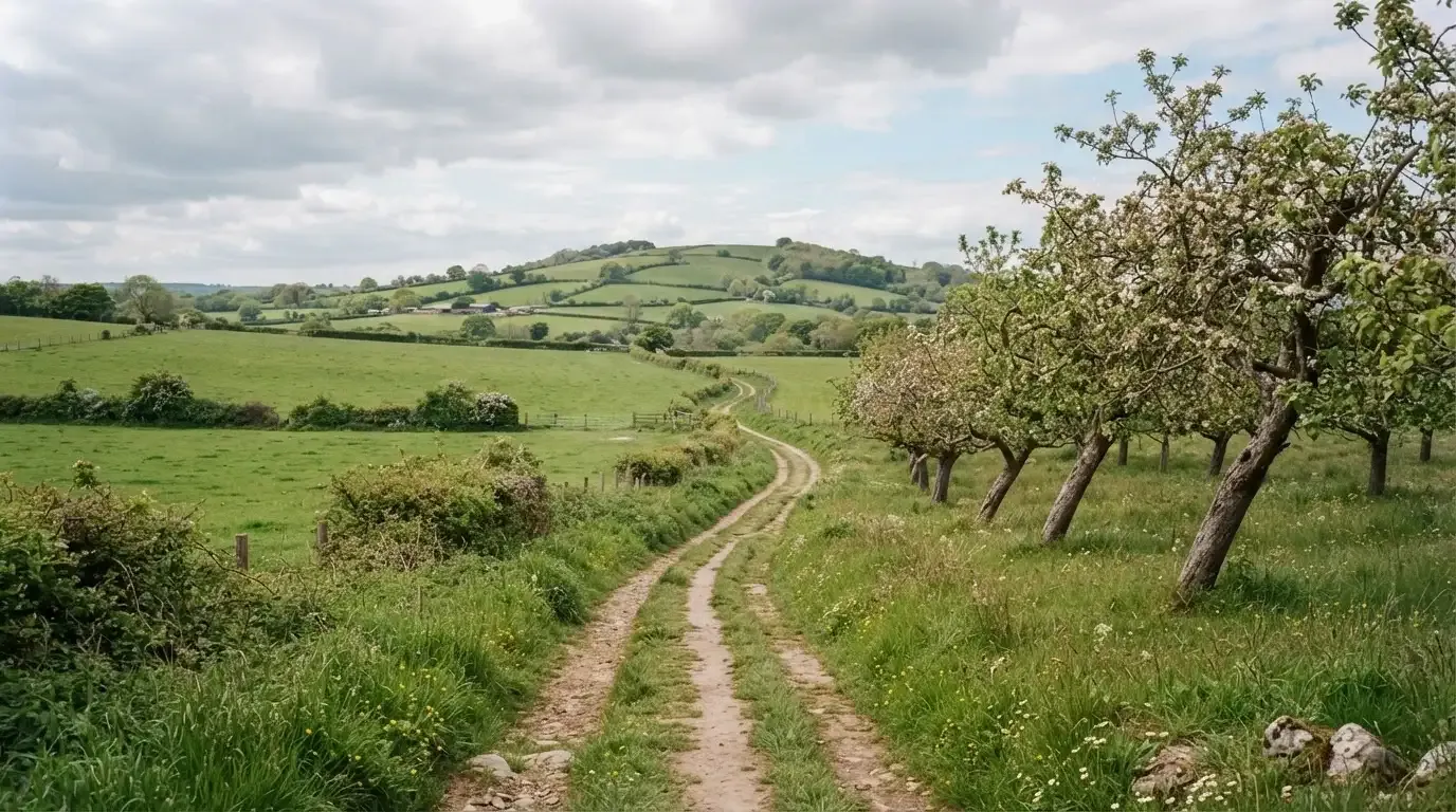 Ein Feldweg führt zwischen Wiesen zu einem Hügel, der Himmel ist bewölkt, am Wegrand stehen Obstbäume.