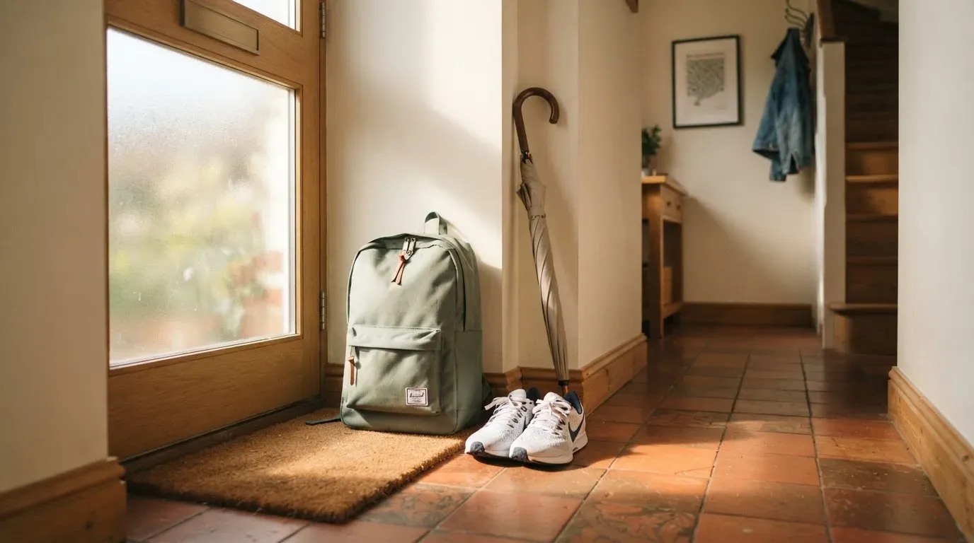 Ein Rucksack und Turnschuhe stehen an einer Haustür, daneben ein Regenschirm, durch das Glas fällt Morgenlicht.