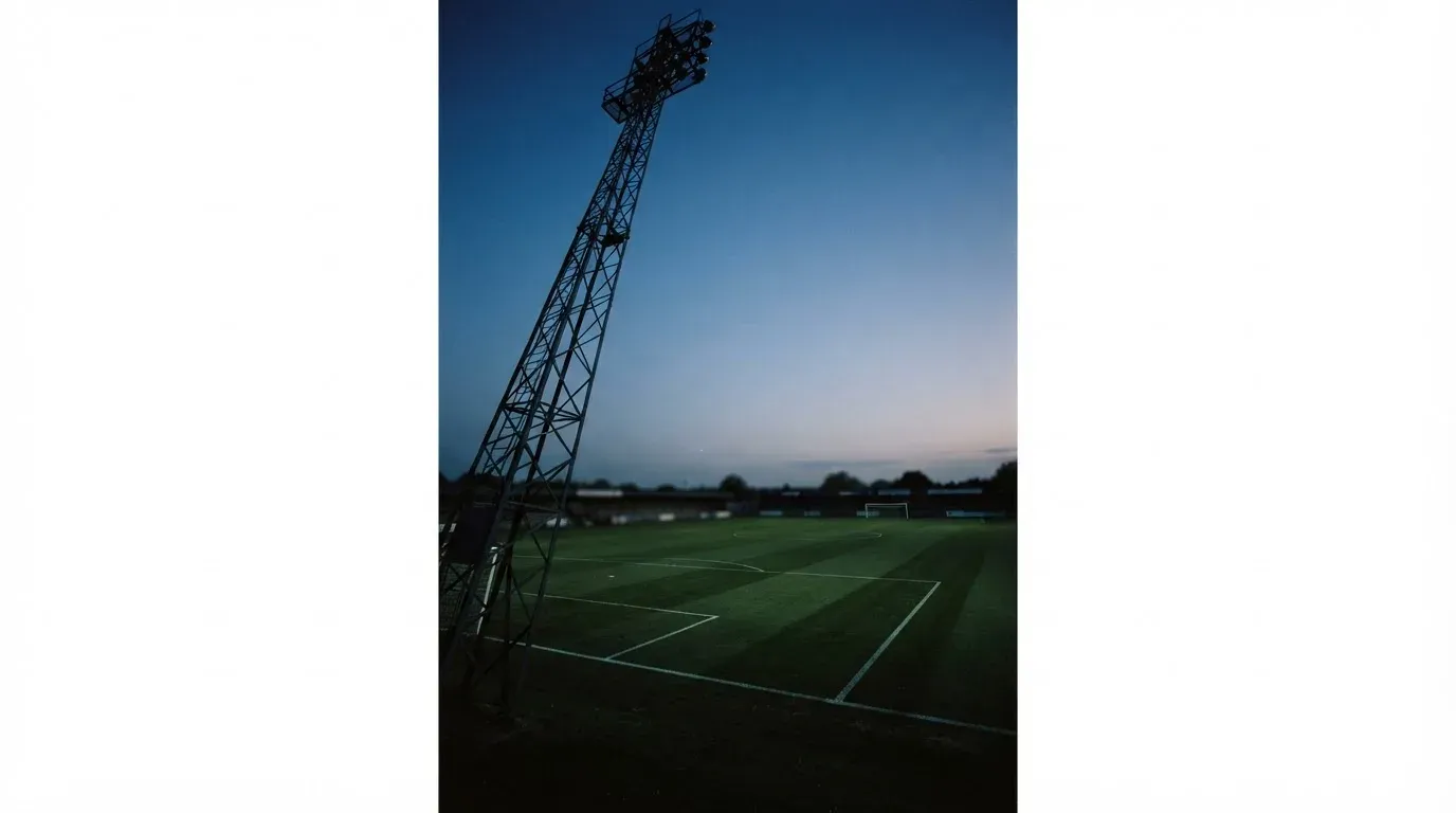 Ein Flutlichtmast ragt in den Abendhimmel, die Rasenfläche darunter liegt leer und dunkelgrün da.