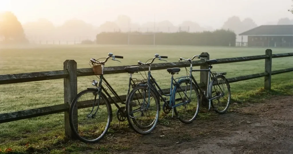 Drei Fahrräder lehnen nebeneinander an einem Zaun vor einem Sportplatz, dahinter ein grüner Rasen im Dunst.