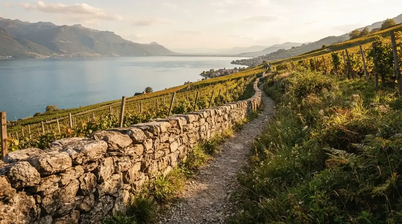 Eine Mauer aus Natursteinen am Wegrand, dahinter Weinberge, die zu einem See hinabführen.