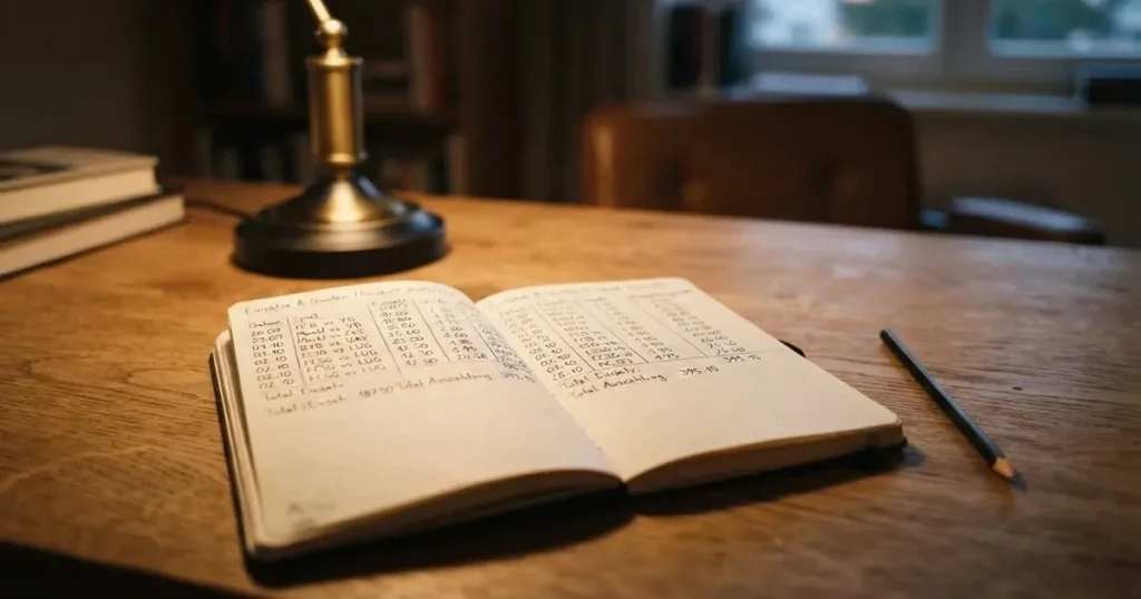 Ein aufgeschlagenes Notizbuch mit handschriftlichen Strichlisten und Spalten liegt neben einem Bleistift auf einem Holztisch im warmen Licht einer Schreibtischlampe.