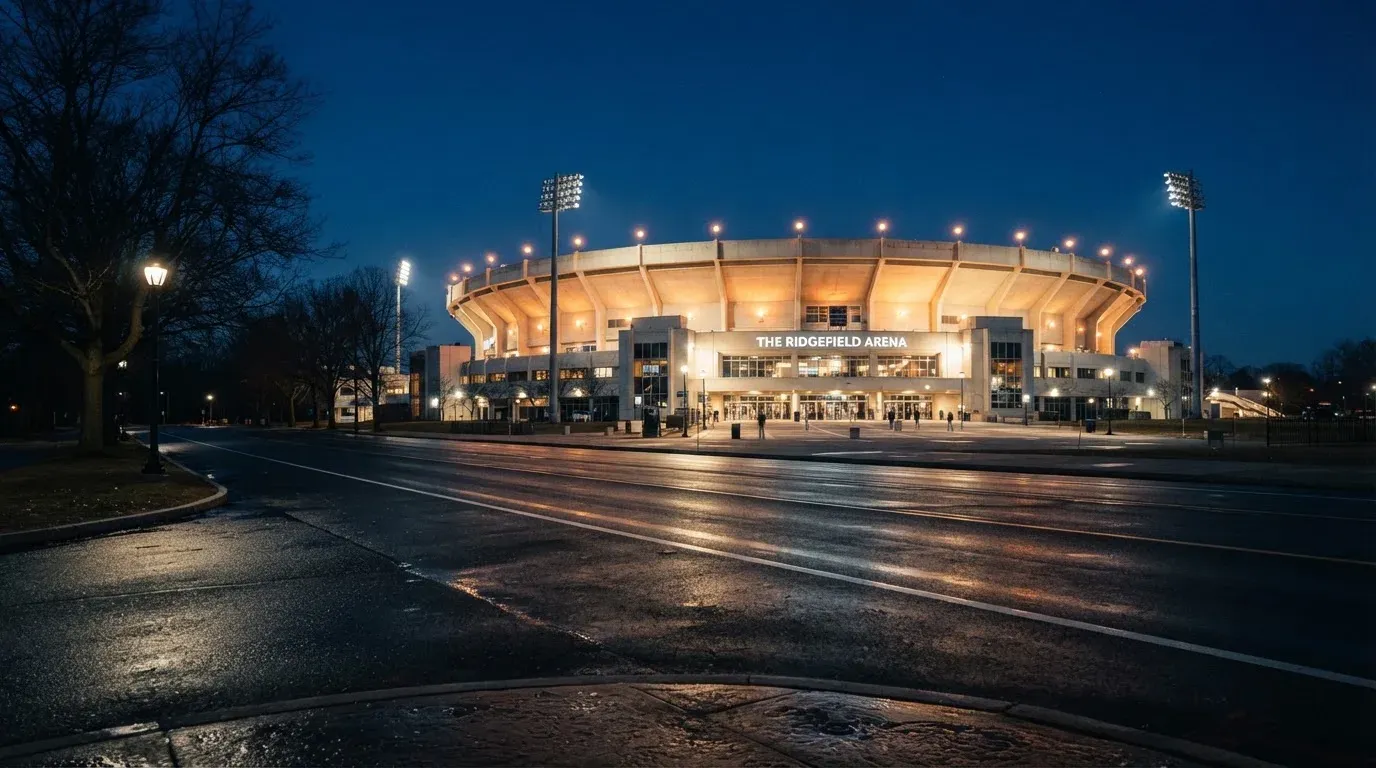 Ein grosses Eisstadion aus der Ferne gesehen, hell erleuchtet von Flutlicht in der Abenddämmerung, davor eine leere Strasse.