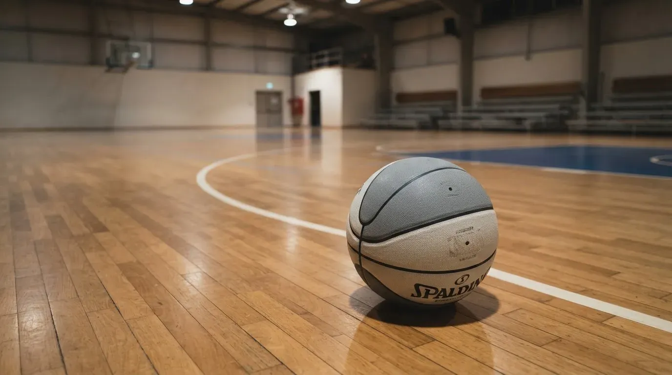 Ein Basketball liegt auf dem Parkett einer leeren Halle, von den Deckenlampen fällt gleichmässiges Licht auf den Boden.