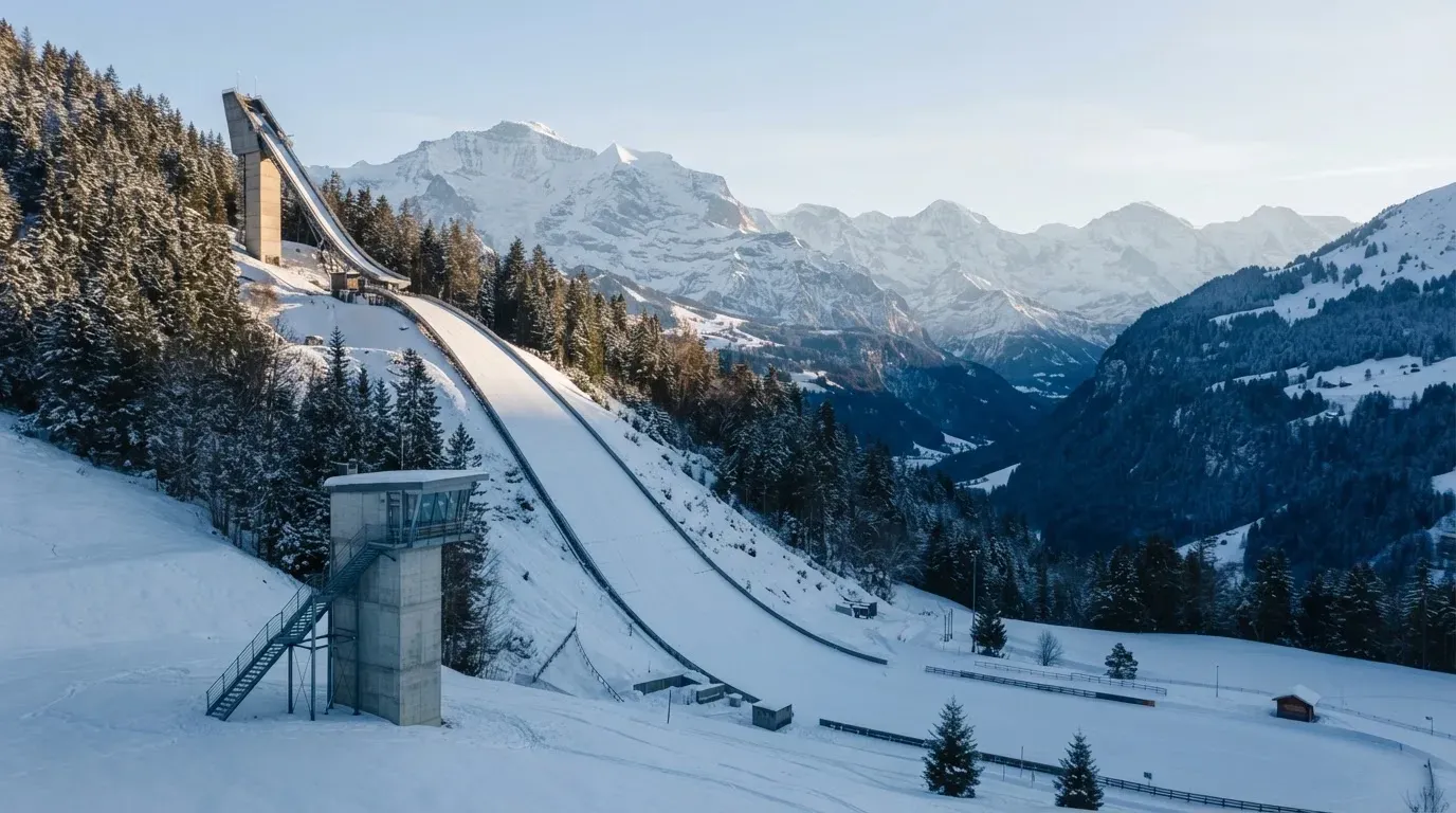 Eine Skisprungschanze erhebt sich vor verschneiten Bergen im Morgenlicht, die Hänge sind unberührt und ruhig.