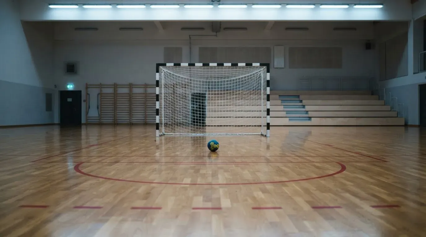 Ein Handballtor in einer leeren Sporthalle, der Ball liegt im Torraum und das Hallenlicht spiegelt sich im Parkett.
