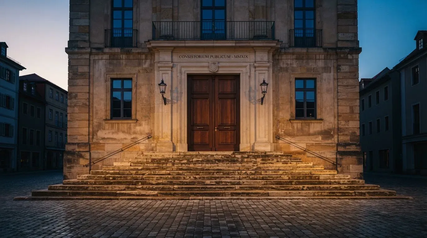 Eine breite Steintreppe führt zu einem hohen Portal aus dunklem Holz, das Licht der Dämmerung liegt auf den Stufen.