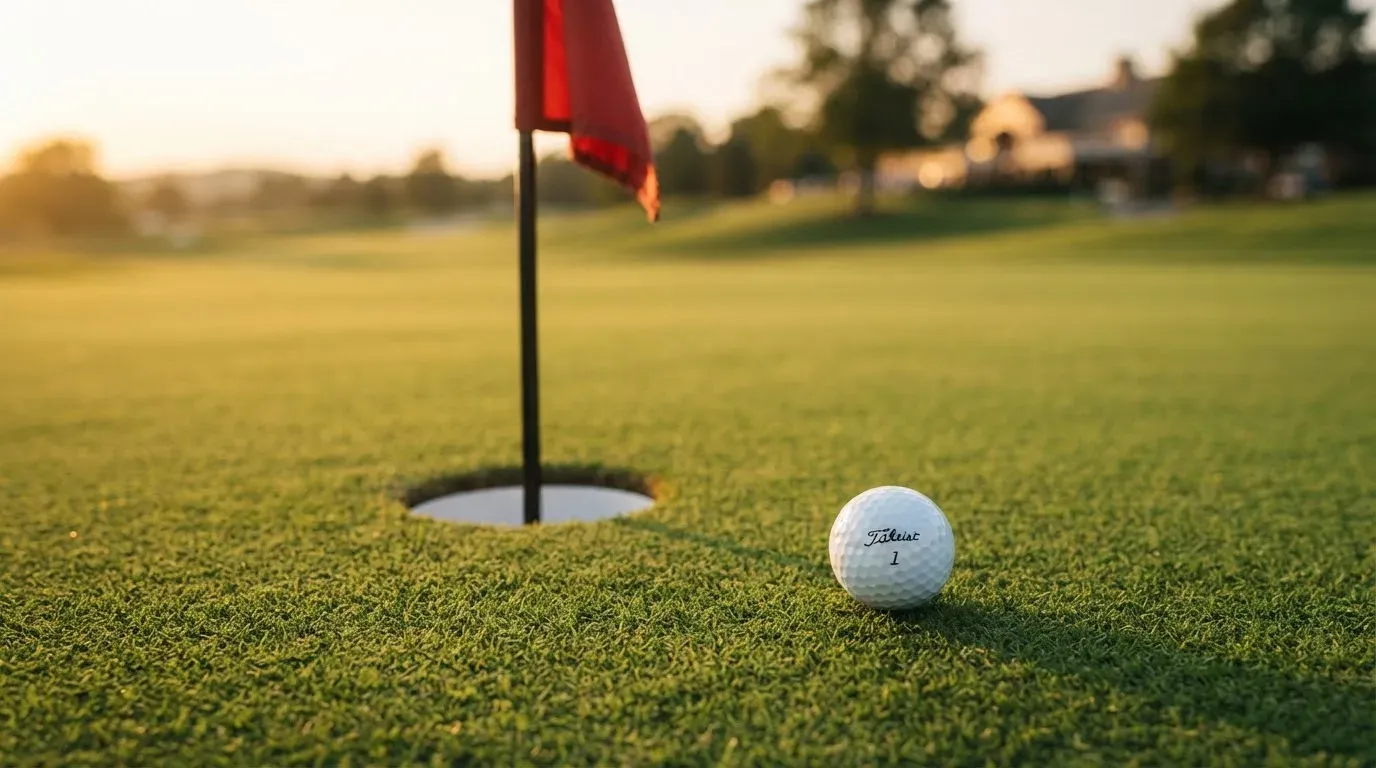 Ein Golfball liegt auf einem gepflegten Grün nahe am Loch, im goldenen Licht der Abendsonne.