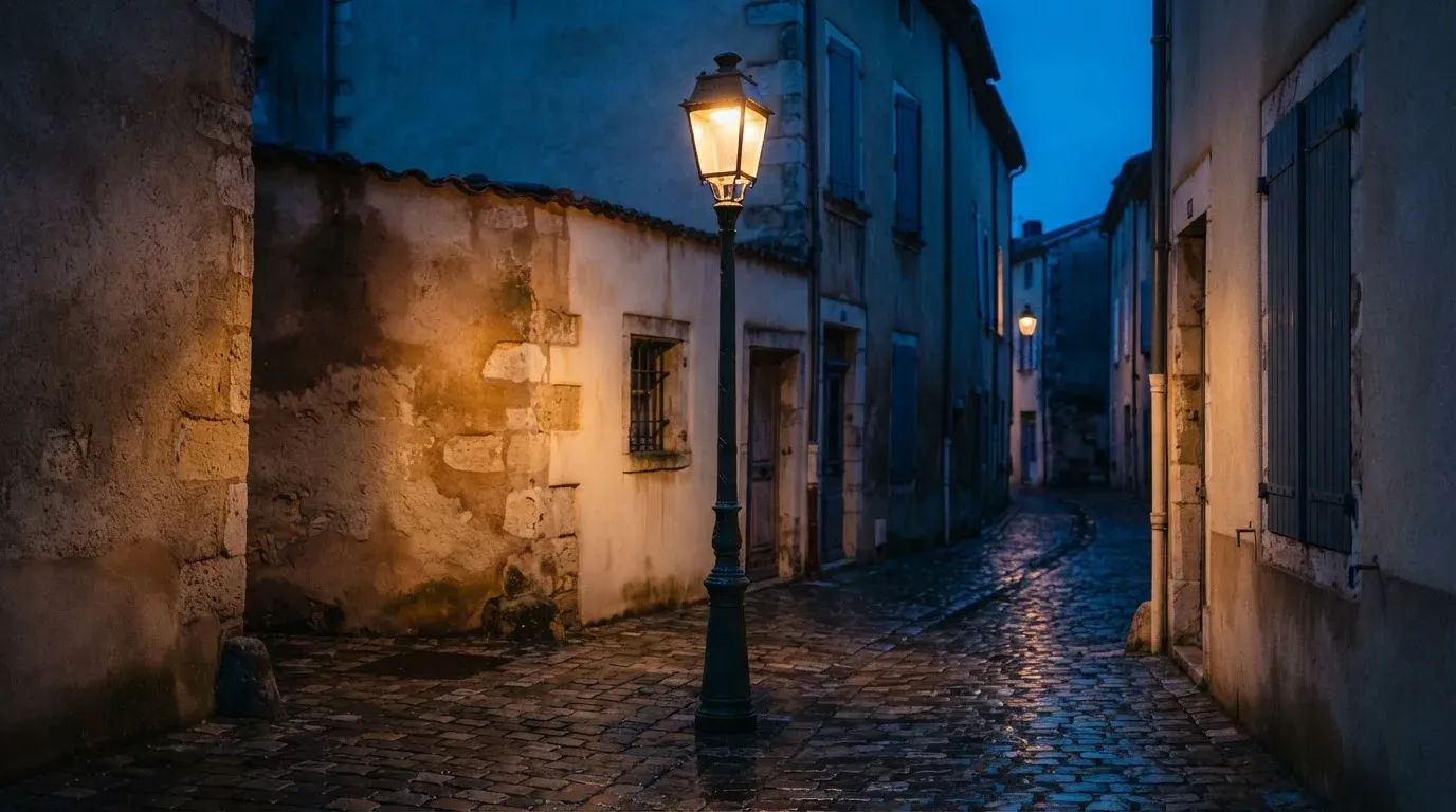 Eine gusseiserne Strassenlaterne in einer ruhigen Altstadtgasse am Abend, das Kopfsteinpflaster glänzt feucht.