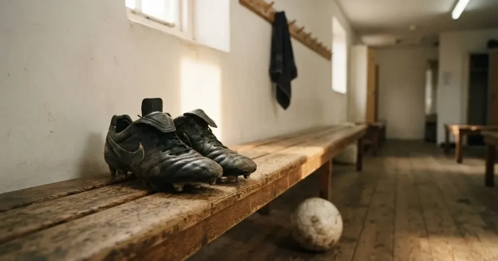 Ein Paar Fussballschuhe steht auf einer Holzbank in einer leeren Umkleide, Morgenlicht fällt durch ein kleines Fenster.