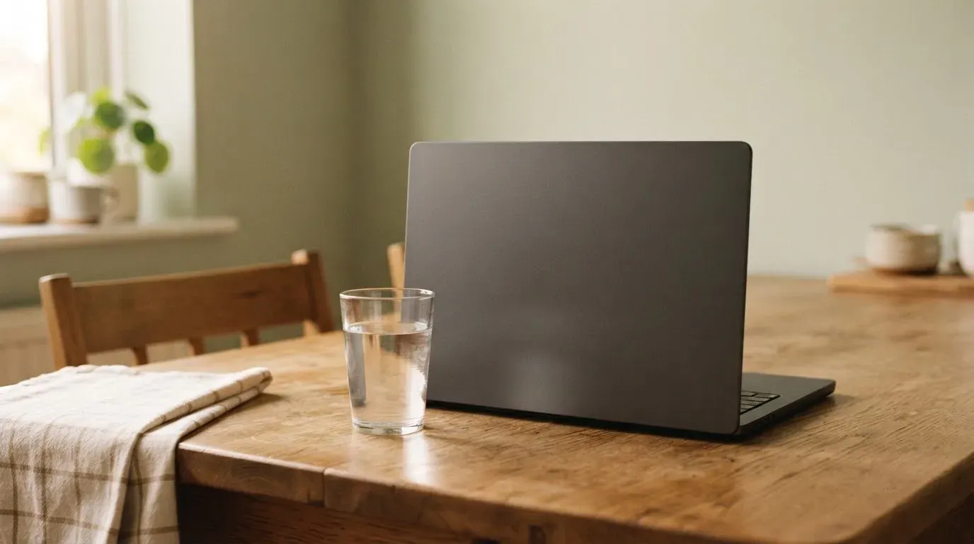 Ein geschlossener Laptop steht neben einem Glas Wasser auf einem Küchentisch im Licht des frühen Morgens.