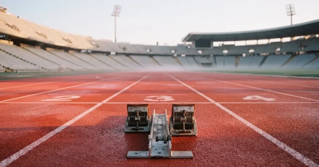 Eine leere Laufbahn mit Startblöcken in einem Stadion am Morgen, die roten Bahnen glänzen vom Tau.