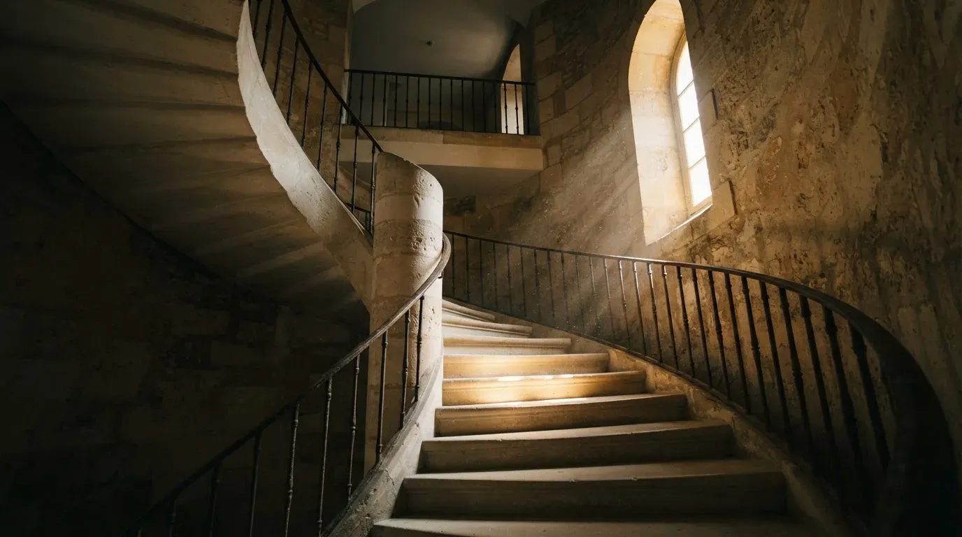 Eine Wendeltreppe aus Stein in einem alten Gebäude, Licht fällt durch ein schmales Fenster auf die Stufen.