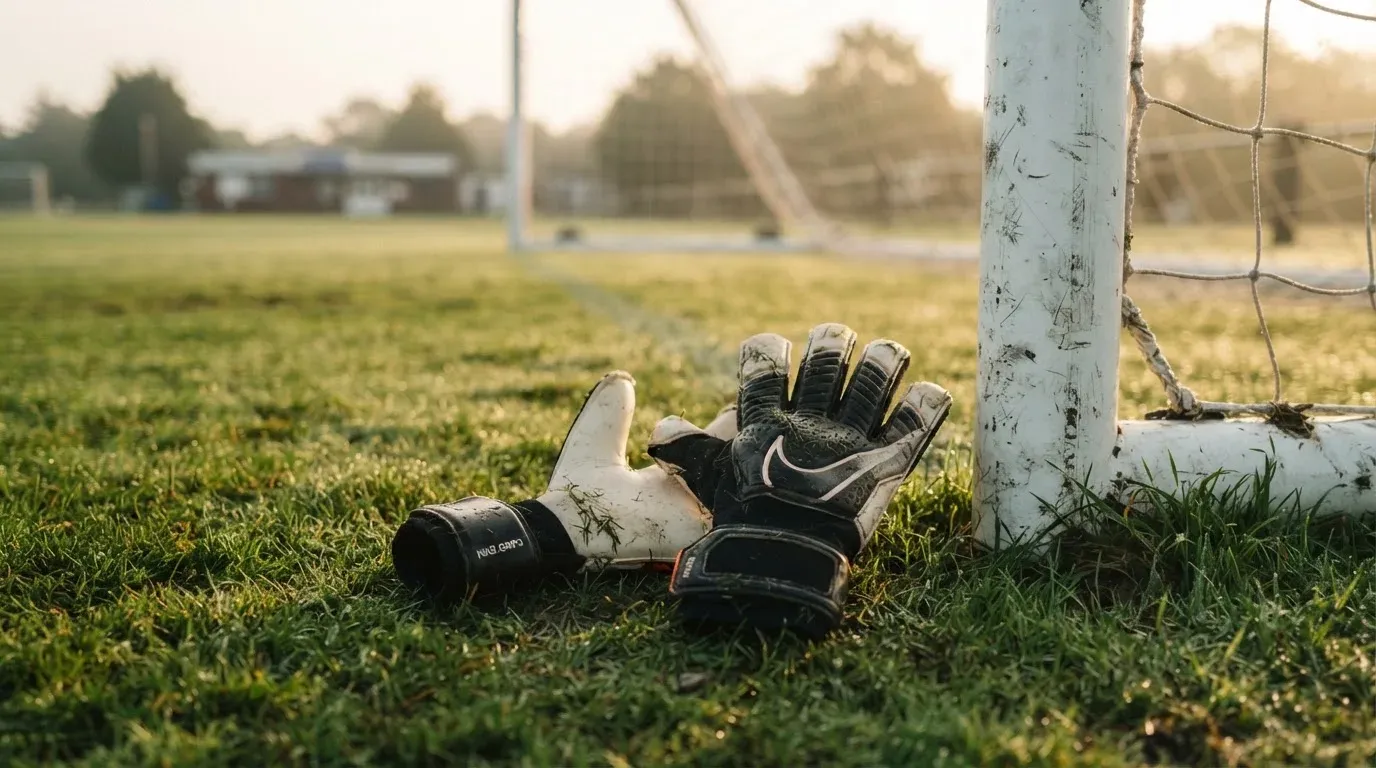Ein Paar Torwarthandschuhe liegt auf dem Rasen neben einem Torpfosten, der Tau glitzert im Morgenlicht.