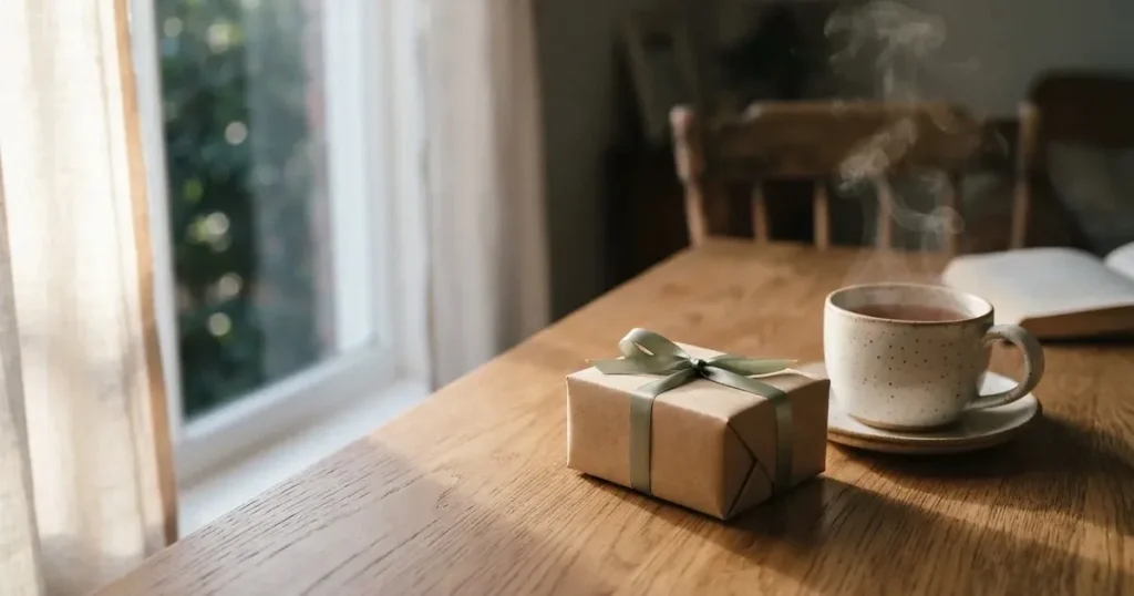 Eine kleine Geschenkschachtel mit Band steht auf einem Holztisch neben einer Tasse Tee im Licht eines Fensters.