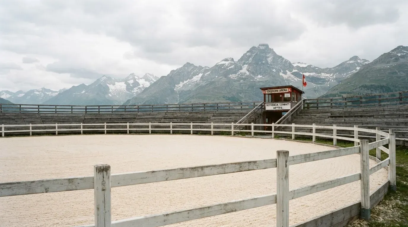 Ein Sägemehlring zwischen Tribünen aus Holz vor Alpenkulisse, ruhig und menschenleer unter bewölktem Himmel.