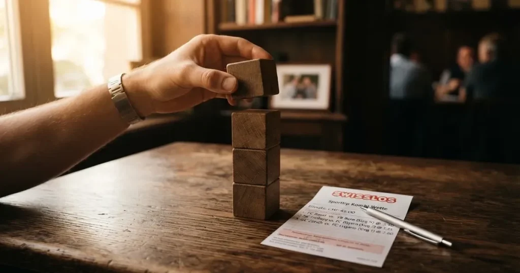Ein Turm aus vier Holzklötzen steht auf einem Tisch, der oberste Klotz wird gerade vorsichtig aufgesetzt.