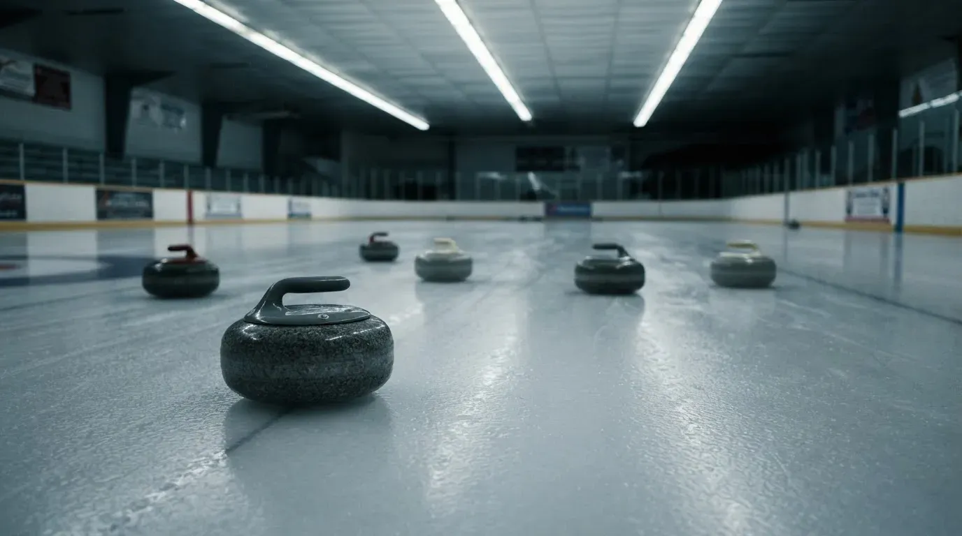 Mehrere Curlingsteine liegen auf einer glatten Eisfläche in einer leeren Halle, Deckenlicht spiegelt sich im Eis.
