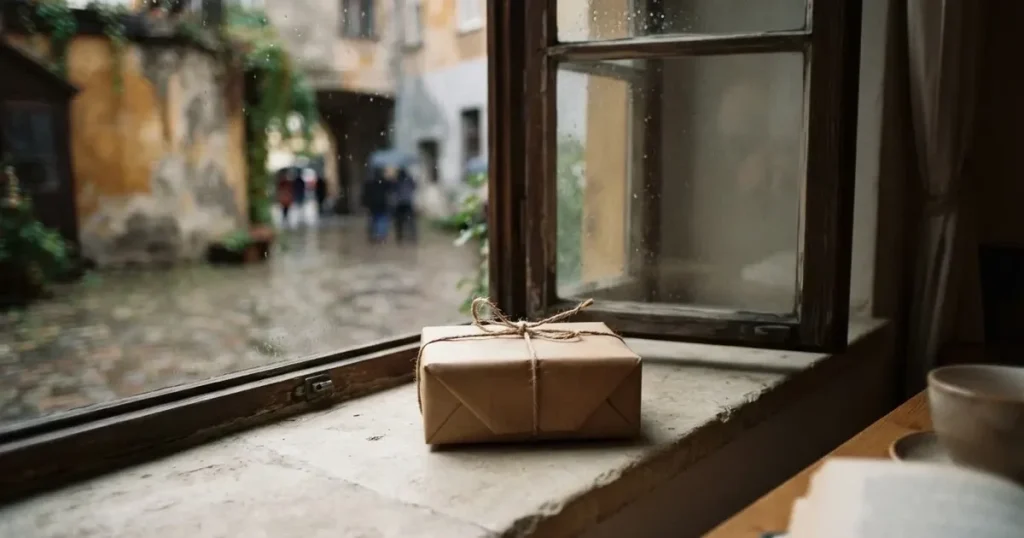 Ein Päckchen in braunem Papier mit Schnur liegt auf einer Fensterbank, draussen ist ein verregneter Hof zu sehen.