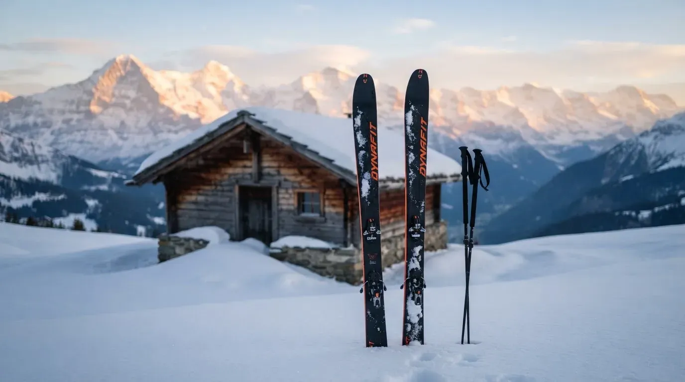 Ein Paar Ski steckt aufrecht im Schnee vor einer Berghütte, im Hintergrund färbt der Sonnenaufgang die Gipfel.