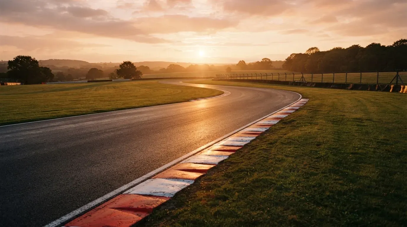 Eine leere Rennstrecke mit rot-weissen Randsteinen im Licht der untergehenden Sonne, Asphalt und Wiese im Gegenlicht.