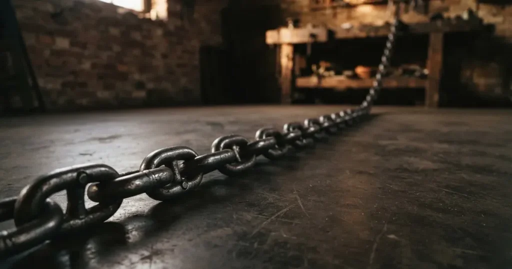 Eine schwere Kette aus Stahlgliedern liegt gespannt auf dunklem Beton, das Licht betont jedes einzelne Glied.