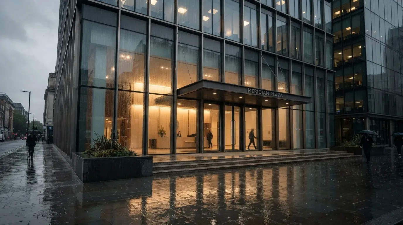 Eine Fassade aus Glas und Stahl am Eingang eines Bürogebäudes im Regen, auf dem nassen Boden spiegelt sich das Licht.